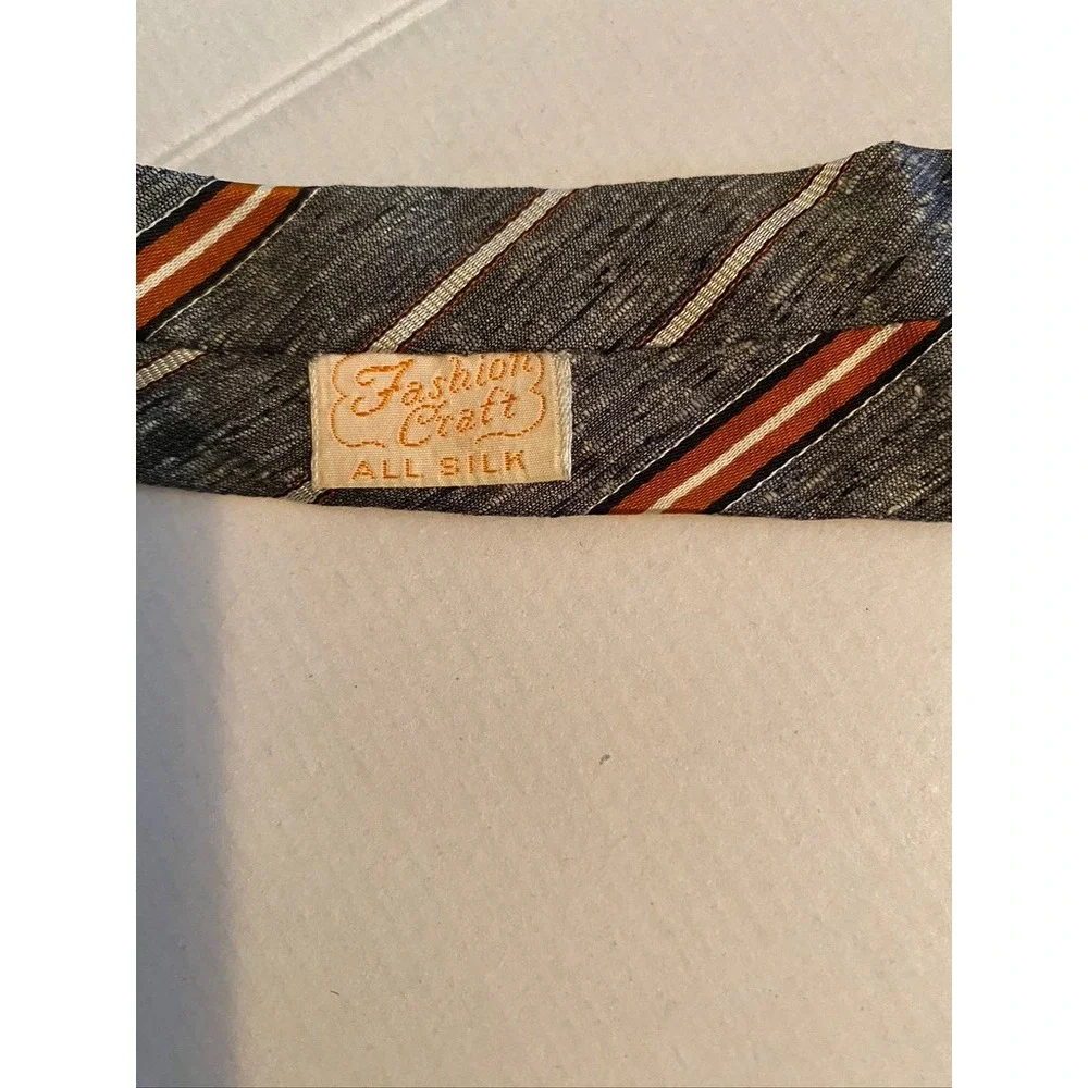 Fashion Craft Mens Silk Tie Grey Orange Striped Textured Slub Skinny Vintage